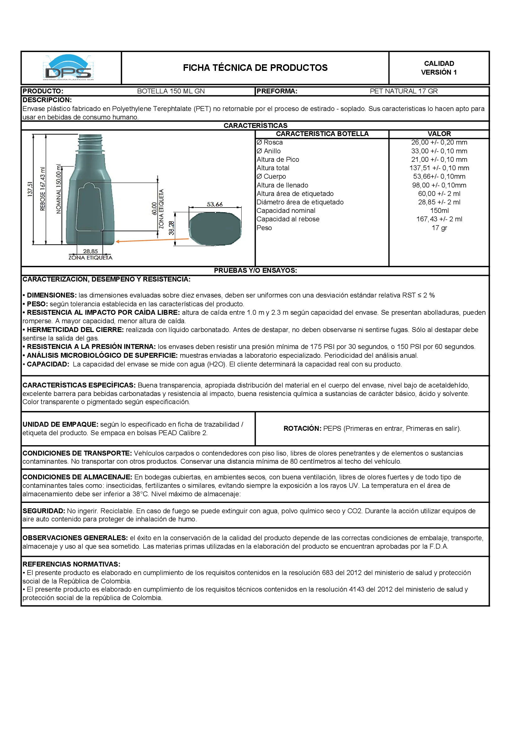 Ficha técnica BOTELLA PET 150 ML NAT PCO28-1816