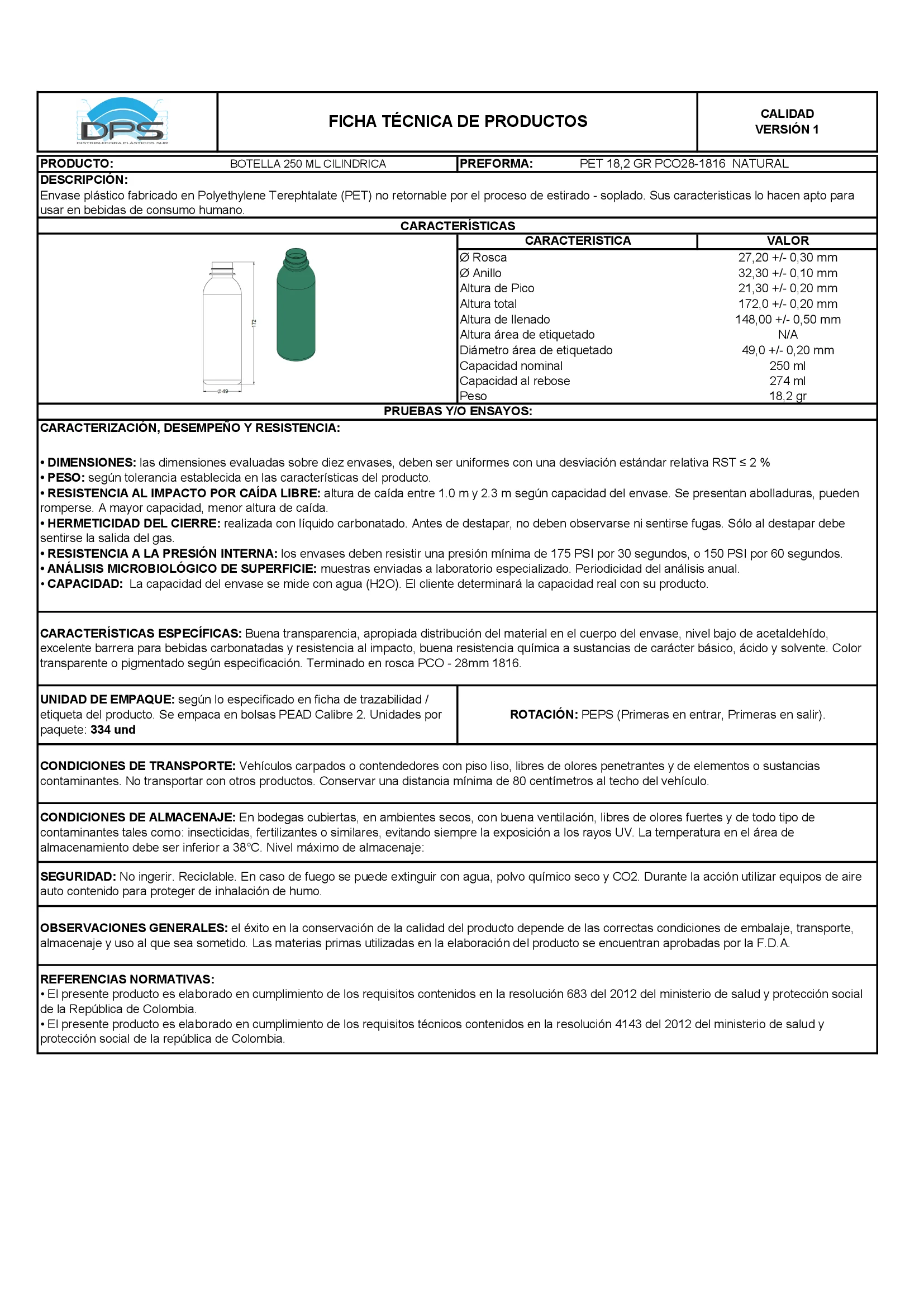 Ficha técnica BOTELLA PET 250 ML NAT PCO28-1816 CILÍNDRICA