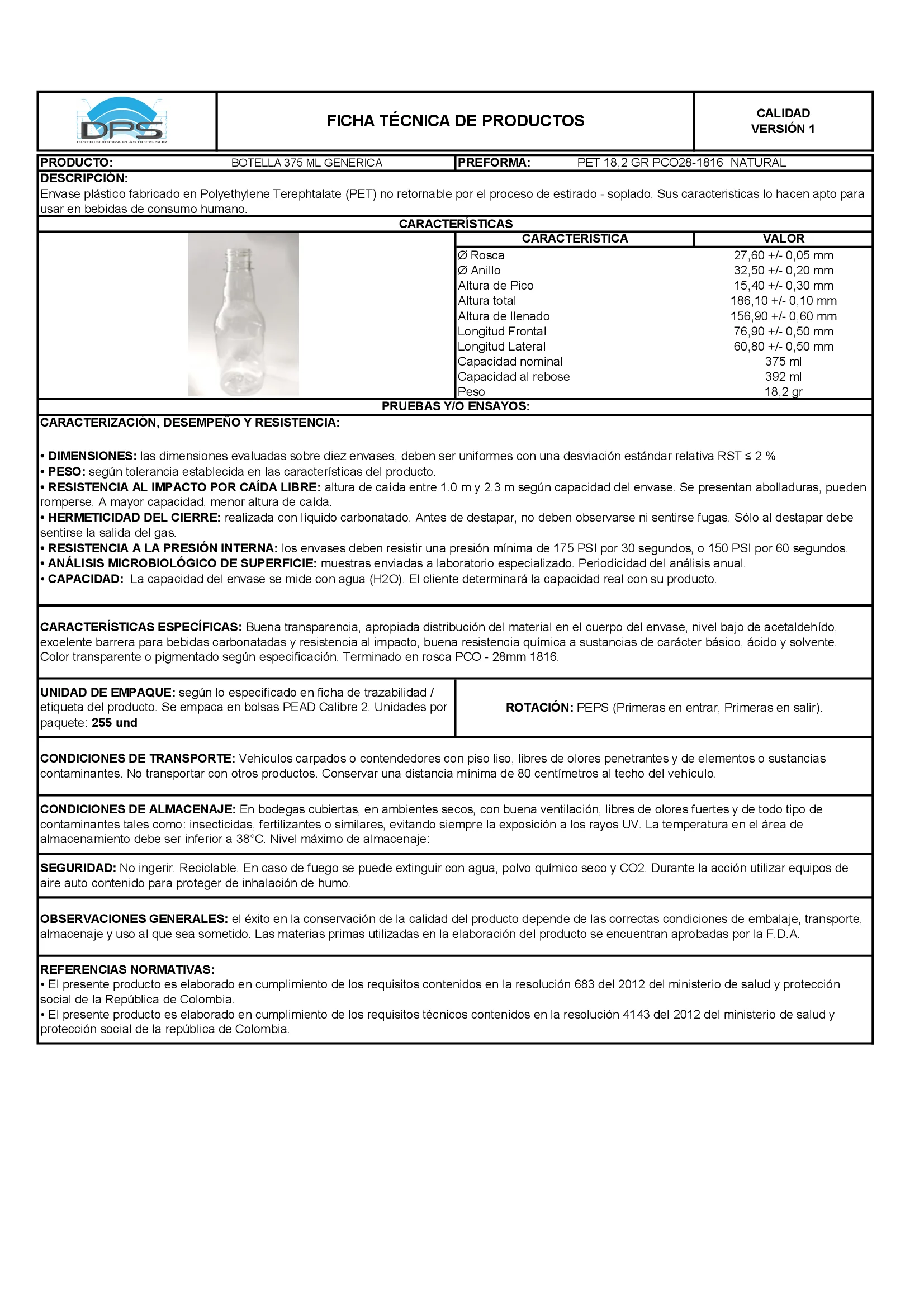 Ficha técnica BOTELLA PET 375 ML NAT PCO28-1816 GENÉRICA