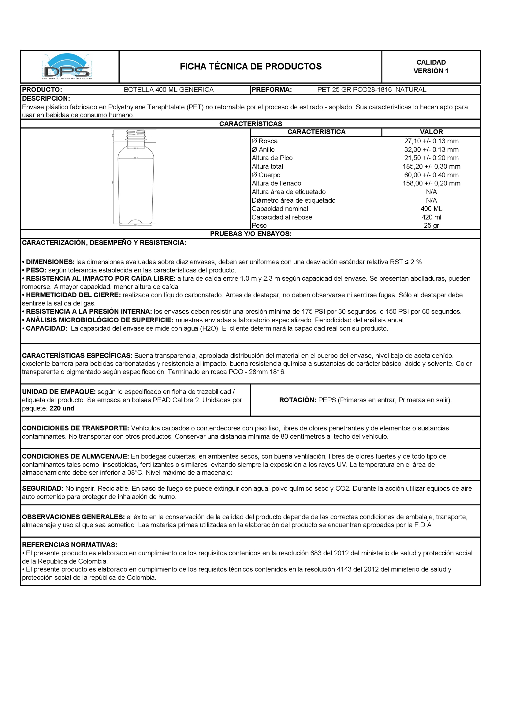 Ficha técnica BOTELLA PET 400 ML NAT PCO28-1816 GENÉRICA