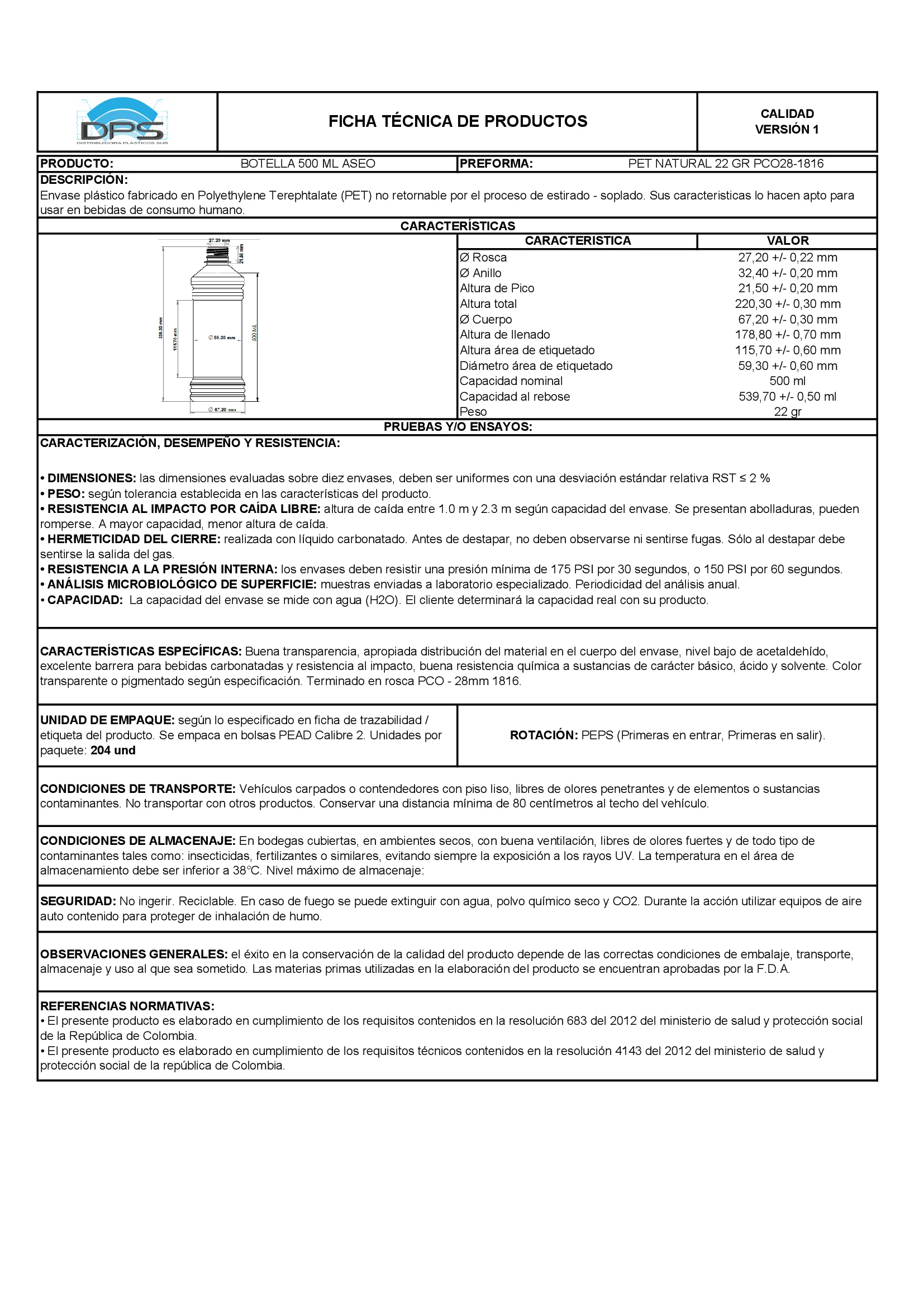 Ficha técnica BOTELLA PET 500 ML NAT PCO28-1816 ASEO