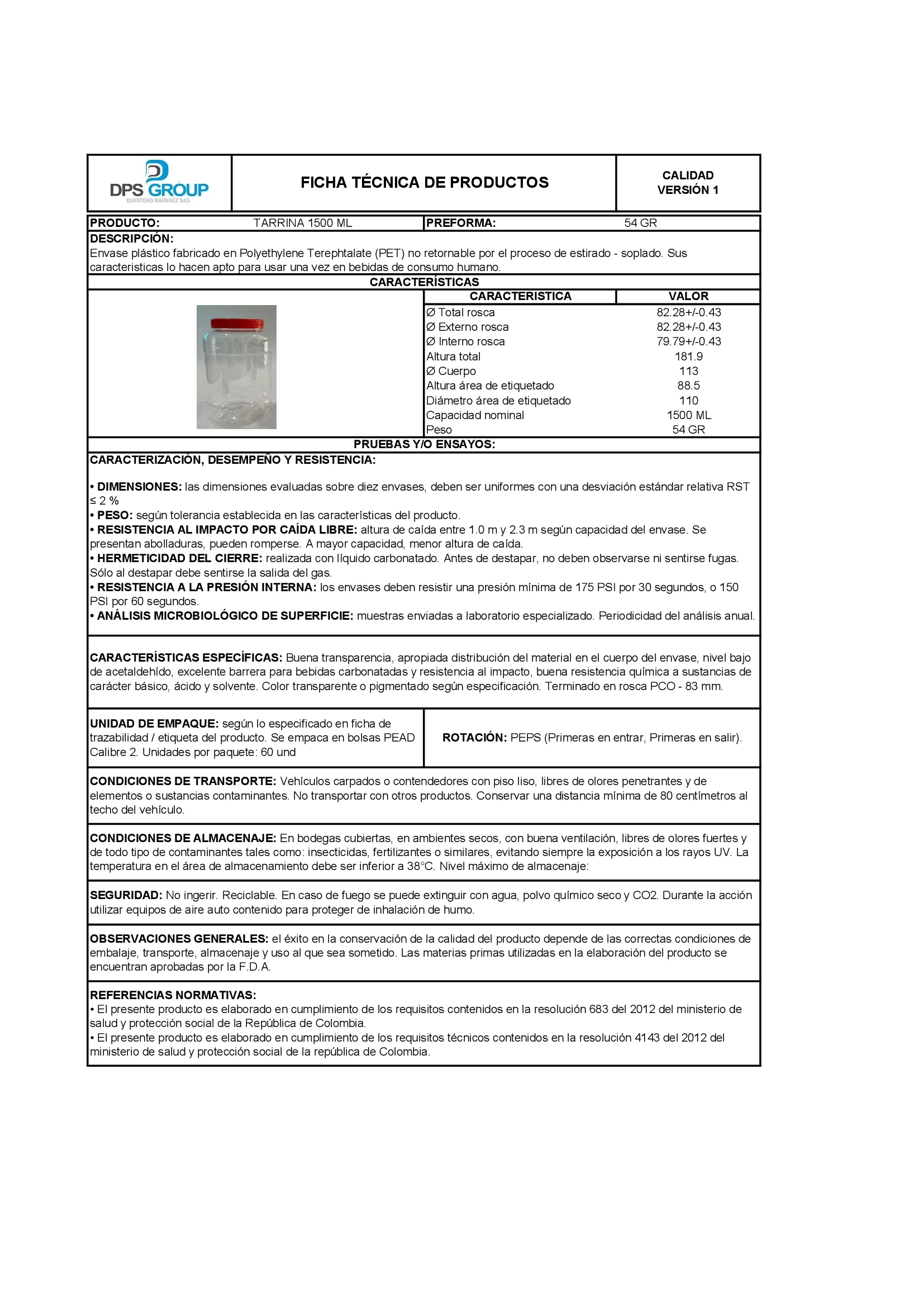 Ficha técnica FRASCO PLÁSTICO REDONDO 1500 ML TARRINA