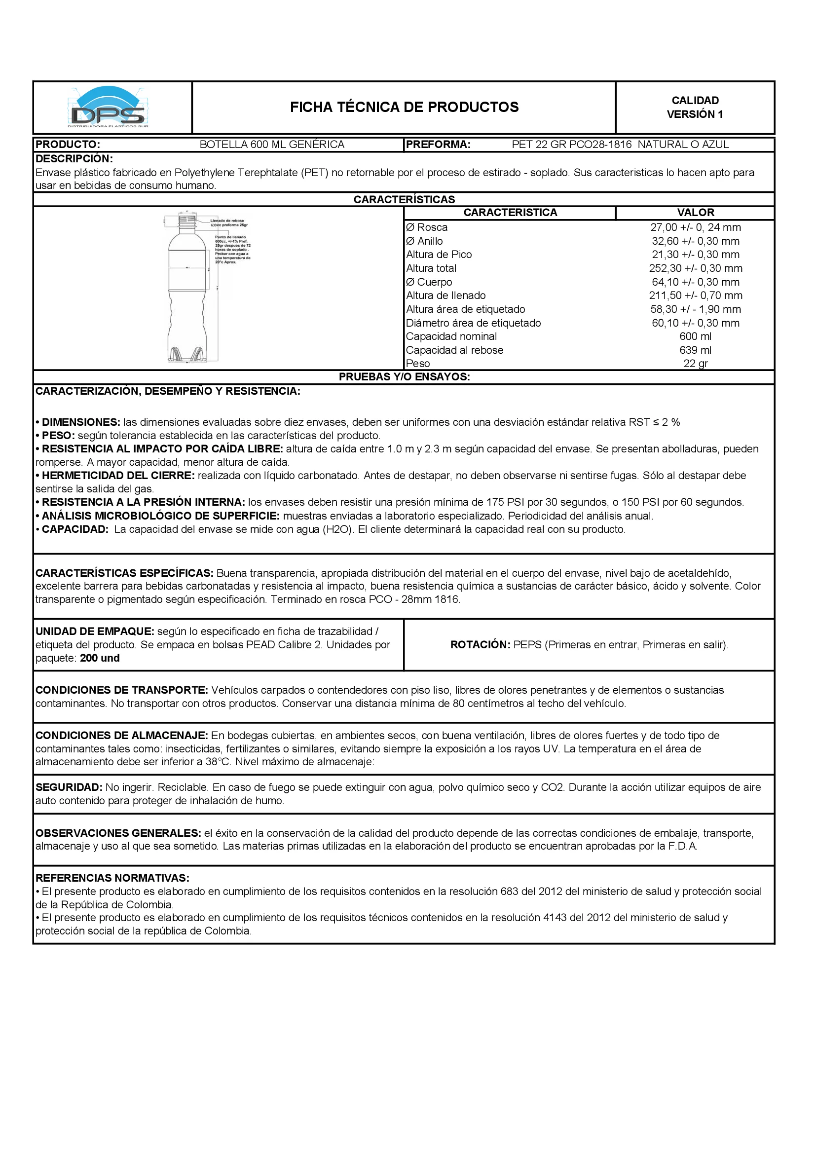 Ficha técnica BOTELLA PET 600 ML NAT PCO28-1816 GENÉRICA
