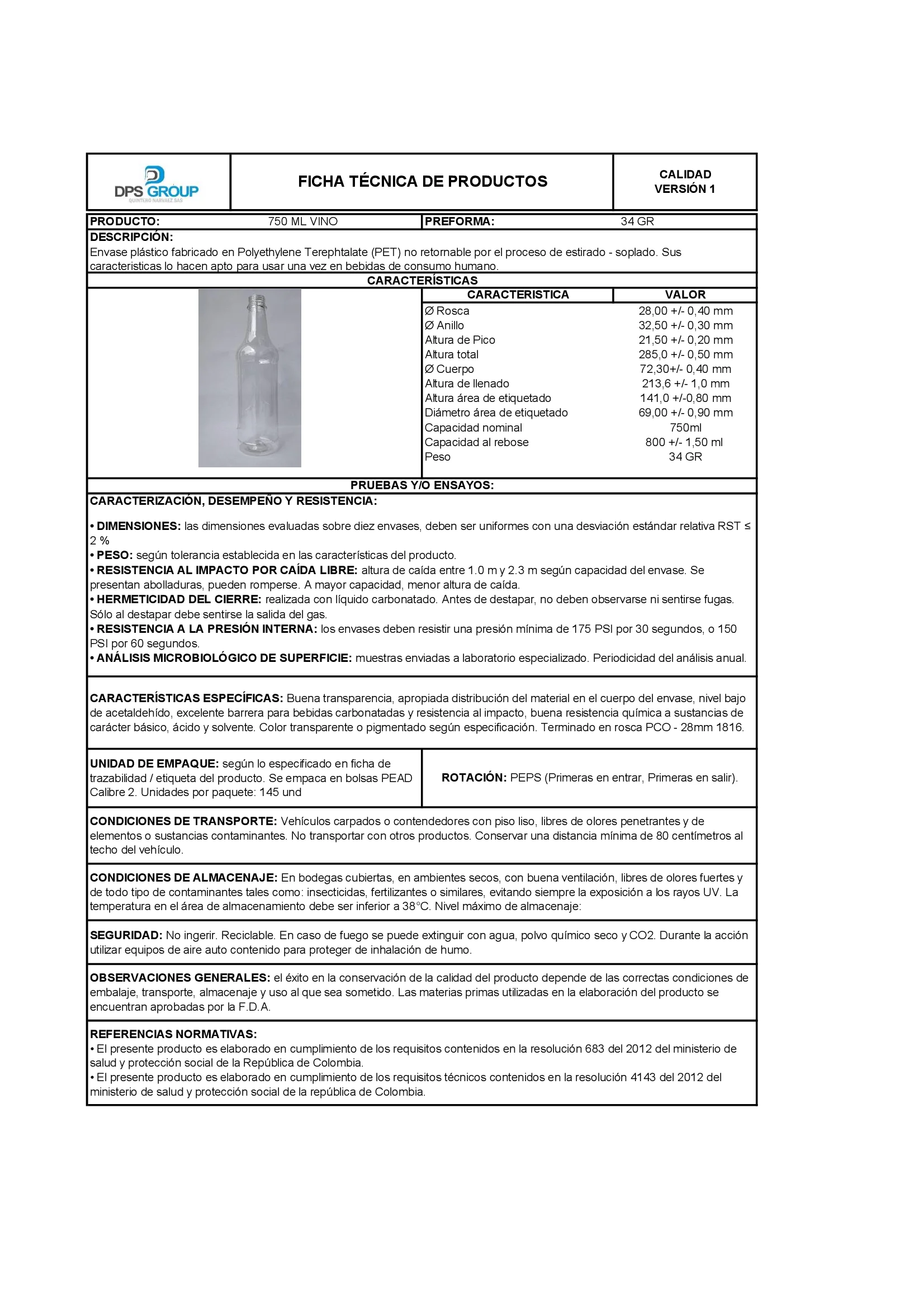 Ficha técnica BOTELLA PET 750 ML NAT PCO28-1816 VINO