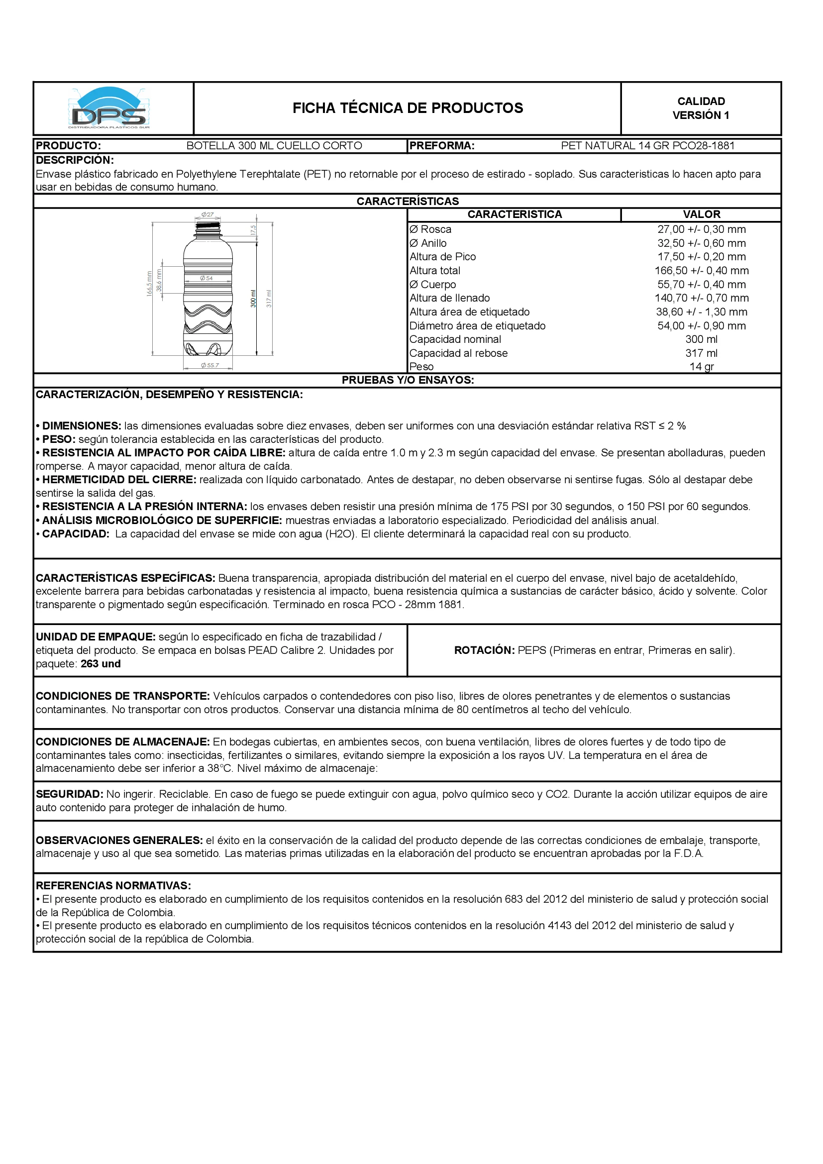 Ficha técnica BOTELLA PET 300 ML NAT PCO28-1881
