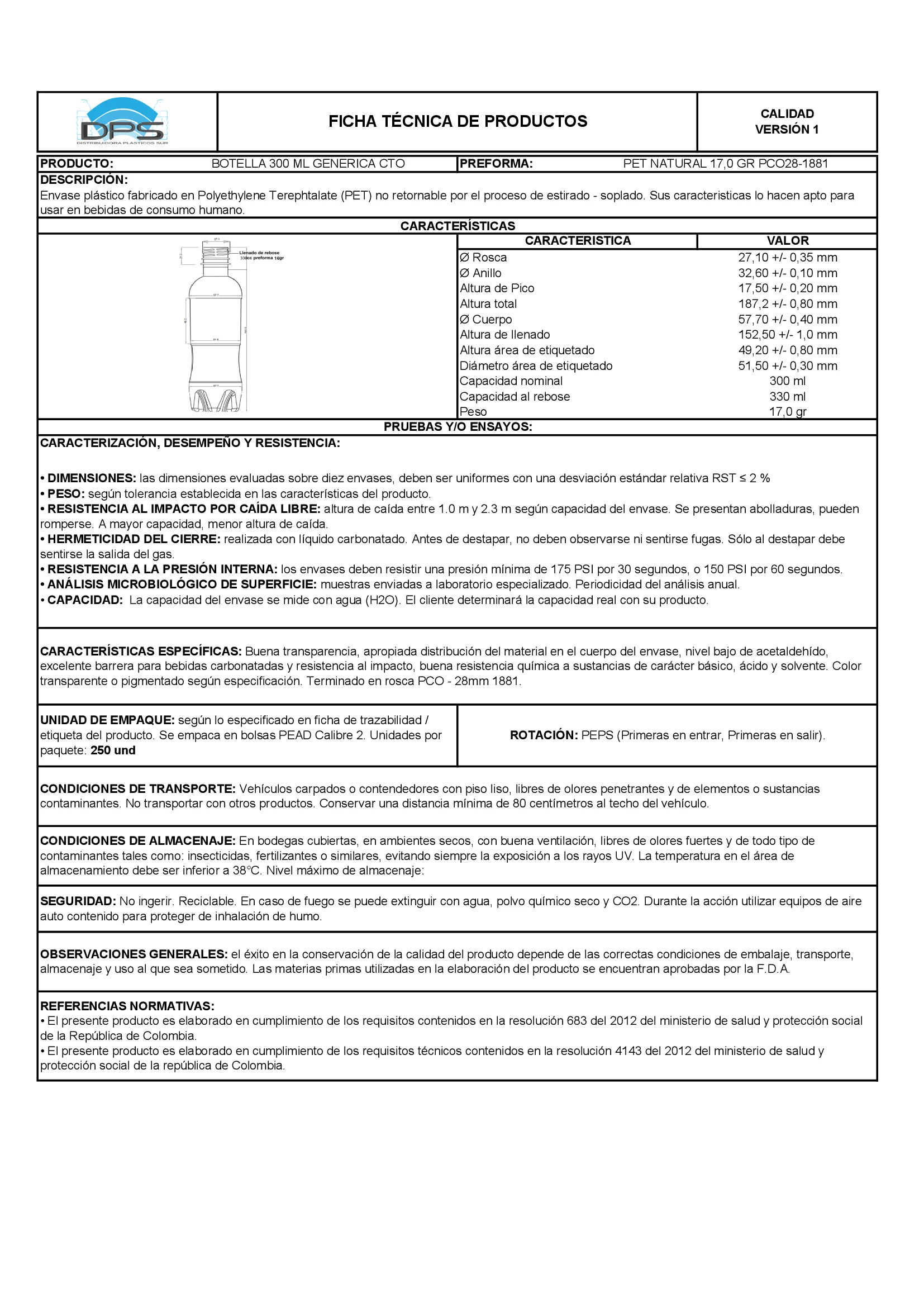 Ficha técnica BOTELLA PET 300 ML NAT PCO28-1881 GENÉRICA