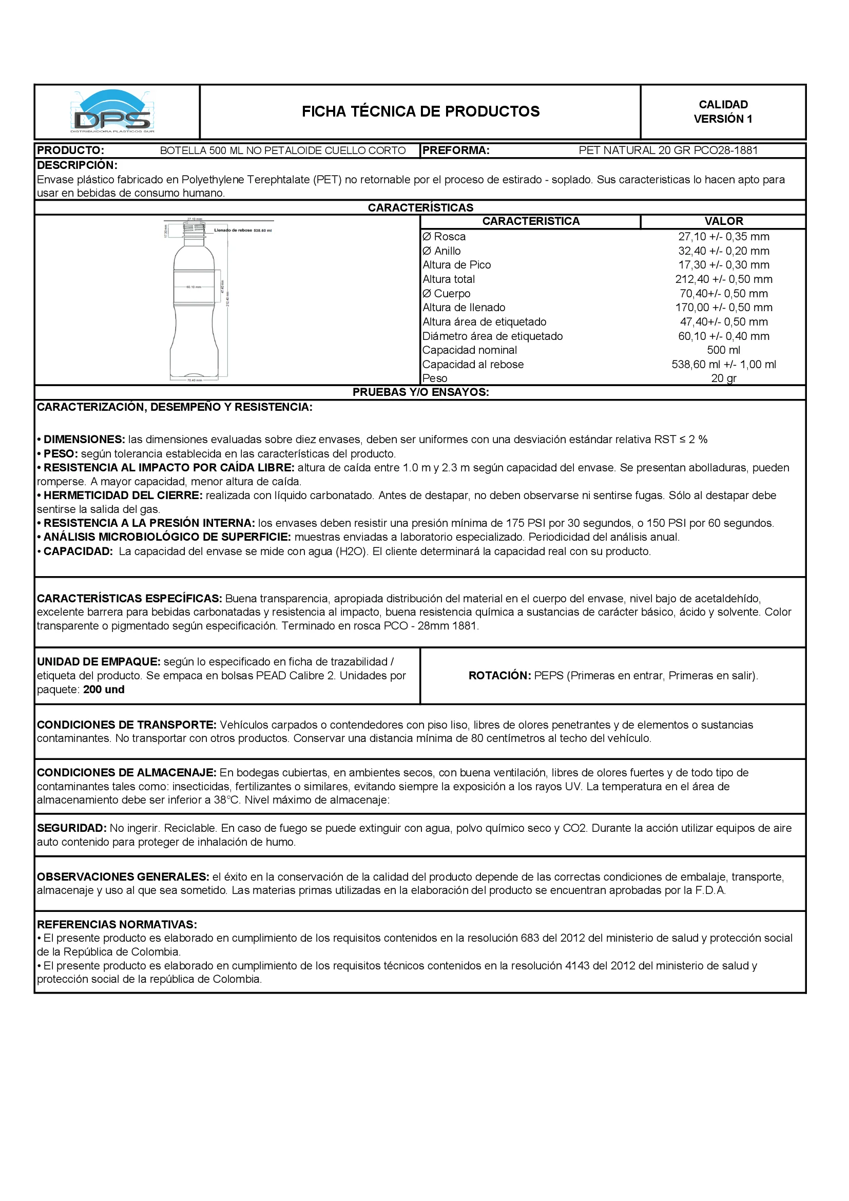 Ficha técnica BOTELLA PET 500 ML NAT PCO28-1881 NO PETALOIDE