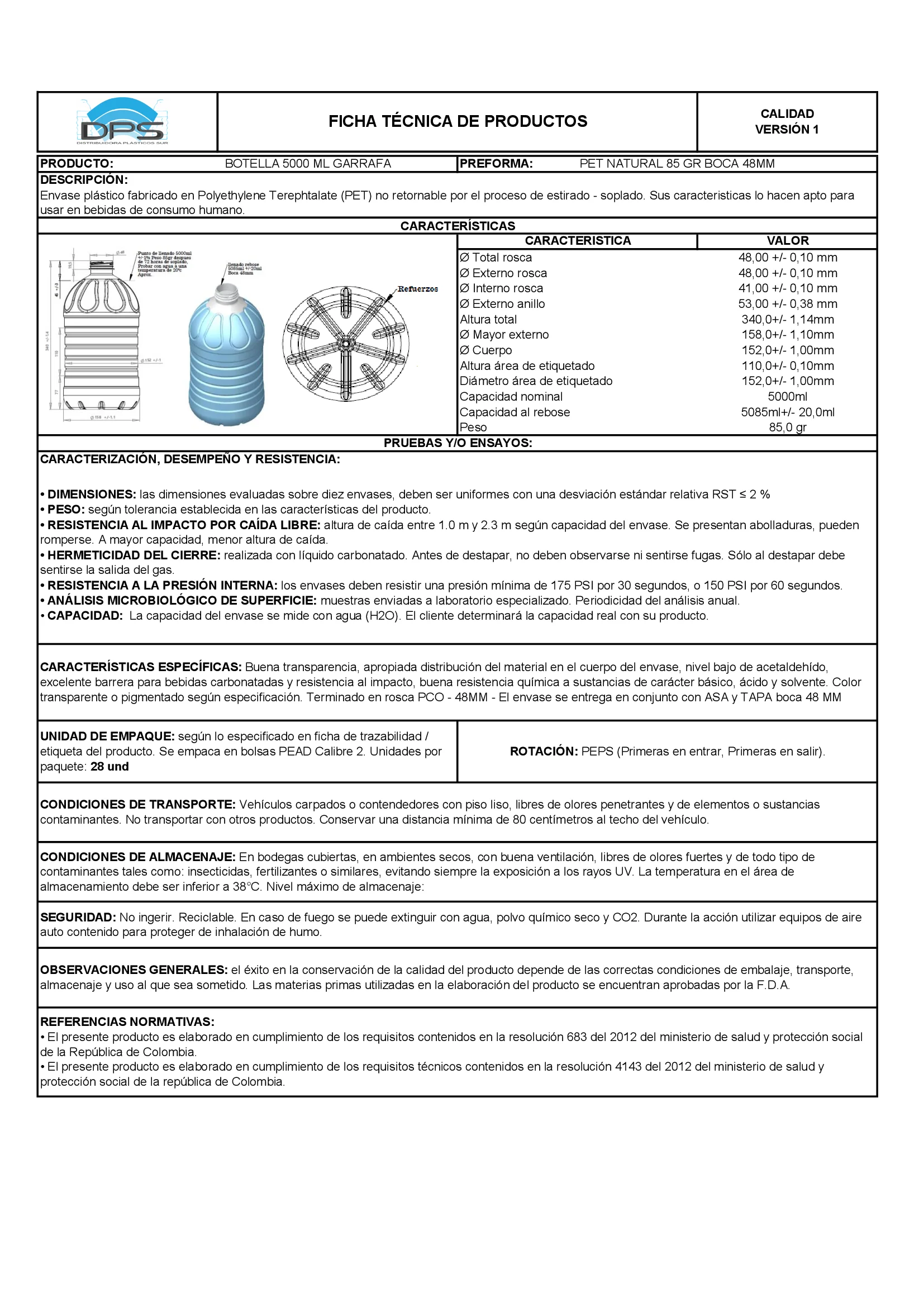 Ficha técnica GAR PET 5000 ML NAT PC48MM