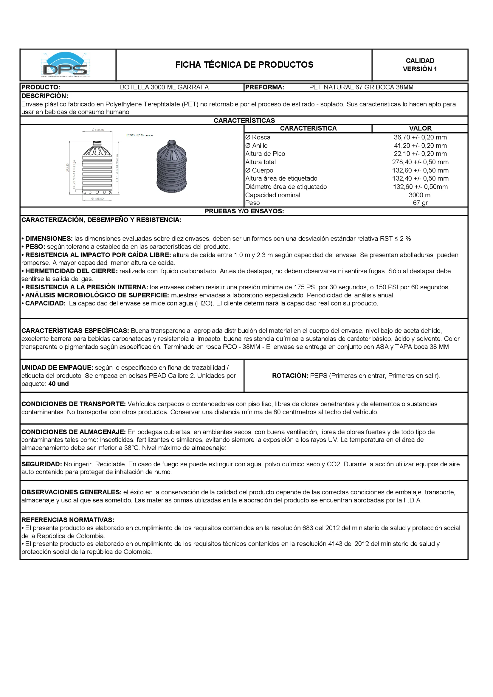 Ficha técnica GAR PET 3000 ML NAT PC38MM
